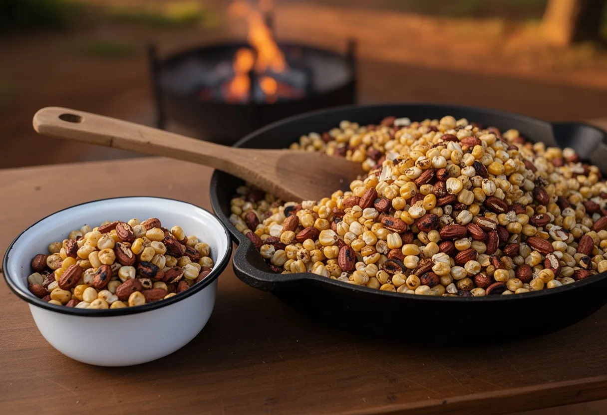 Golden roasted white maize kernels mixed with charred roasted peanuts in a heavy iron pan